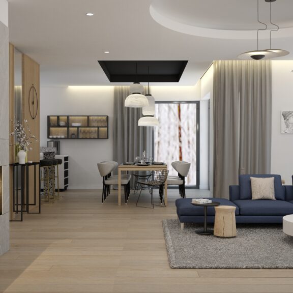 Projekt wnętrza nowoczesny salon z jadalnia