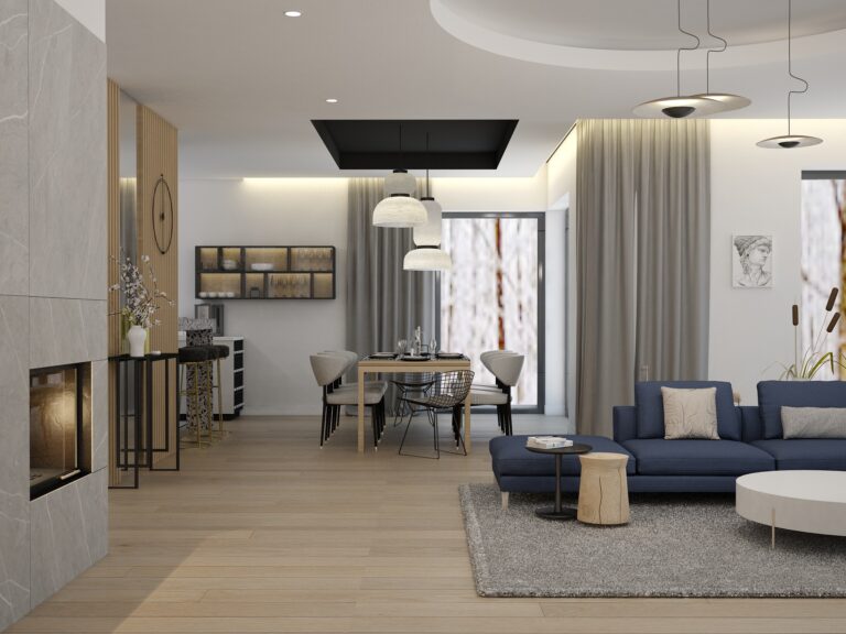 Projekt wnętrza nowoczesny salon z jadalnia