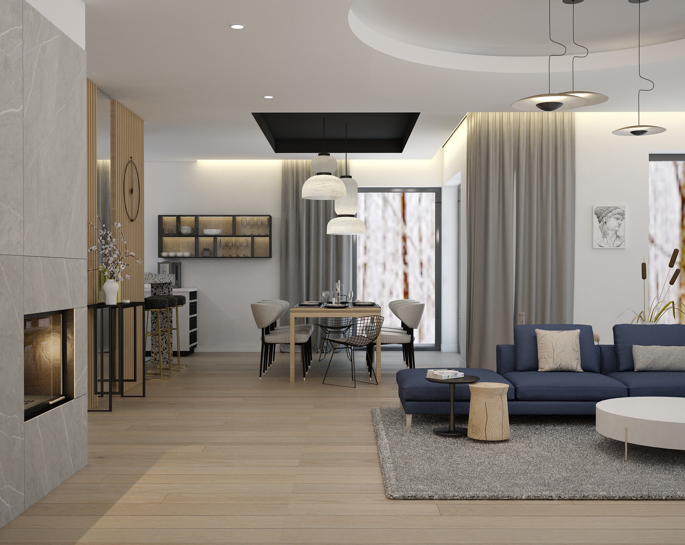 Projekt wnętrza nowoczesny salon z jadalnia